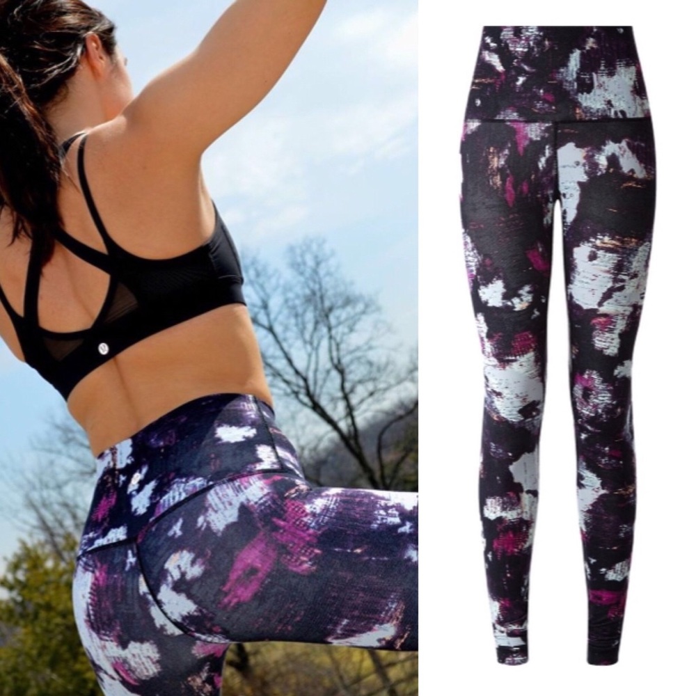 Lululemon Black Leggings Wunder Under Hi-rise Kara Blossom Purple Yoga Sz 6 S